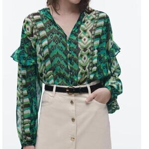 Zara Abstract Southwest Ruffled Top Womens Size XL Green Printed Sheer Blouse